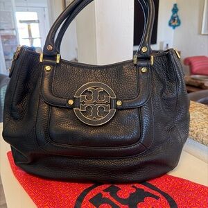 Tory Burch Black Pebbled Leather Logo Satchel with Gold-Tone Hardware